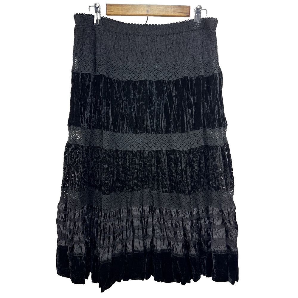 Alberto Makali Vintage y2k Black Velvet Lace Satin Tiered Midi Skirt Size XL
